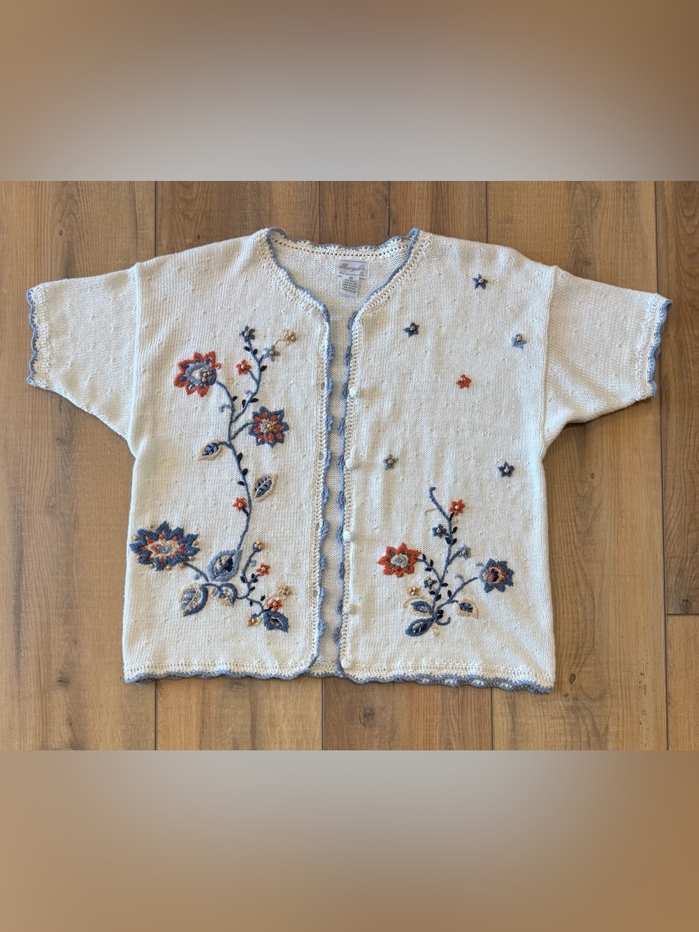 Vintage Embroidered Cream Floral Cardigan Blue & Orange Accents Fall Sweater